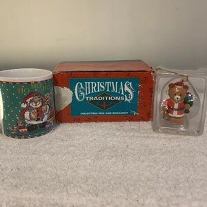 Lustre Fame Christmas Coffee Mug & Matching Ornament Wind Up Bear With Presents